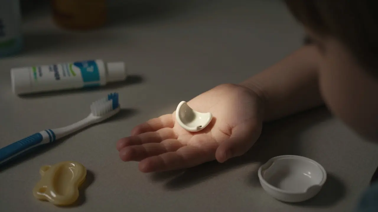 Dítě drží odloupnutý keramický plíšek spolu s péčovými pomůckami.