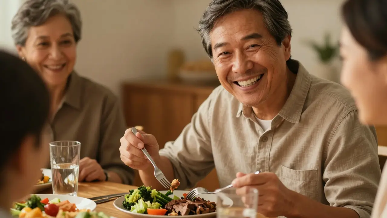 Důvěřivý člověk se usmívá při jídle s novými zuby