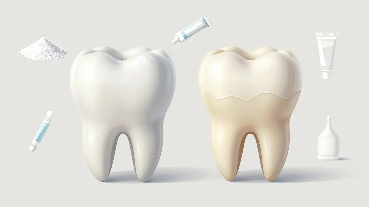 Dva zuby vedle sebe: jeden se zdravou sklovinou, druhý s poškozenou sklovinou a viditelným dentinem.