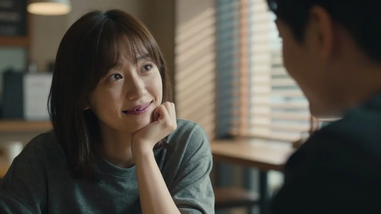 Dvě osoby během rozhovoru v kavárně, jedna se směje s omezeným úsměvem kvůli tmavému zubnímu kameni.