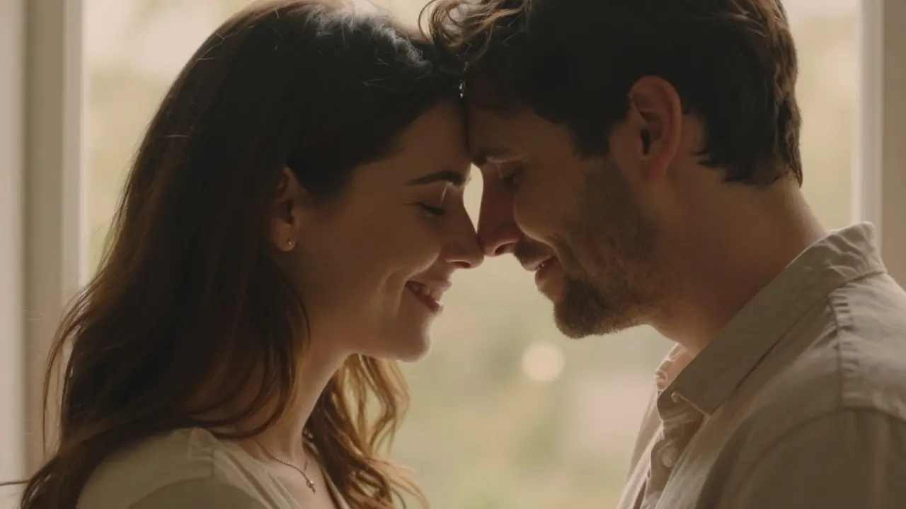 Dvojice se blíží k polibku, oba se usmívají s volností a důvěrou.