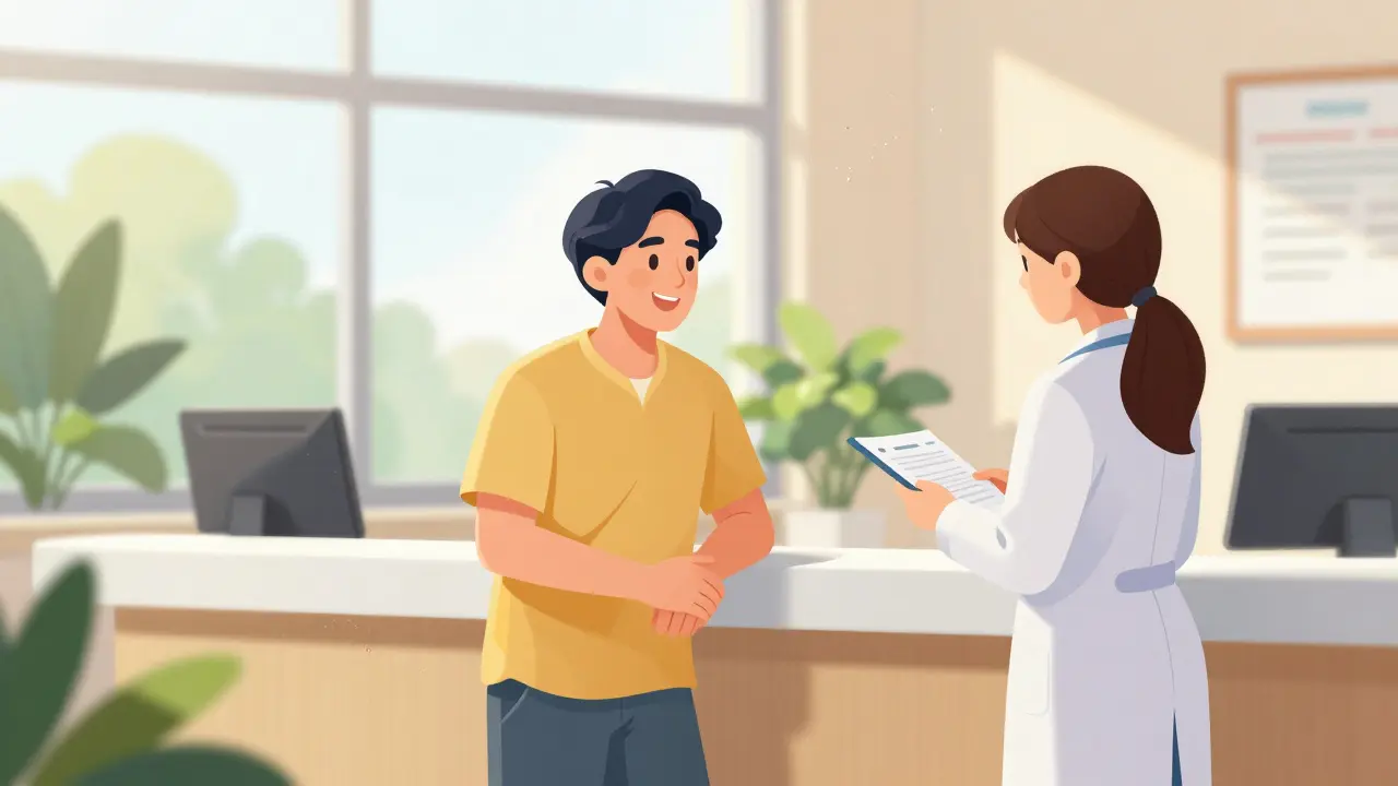 Klidné jednání na recepci kliniky při hledání řešení pro placení.