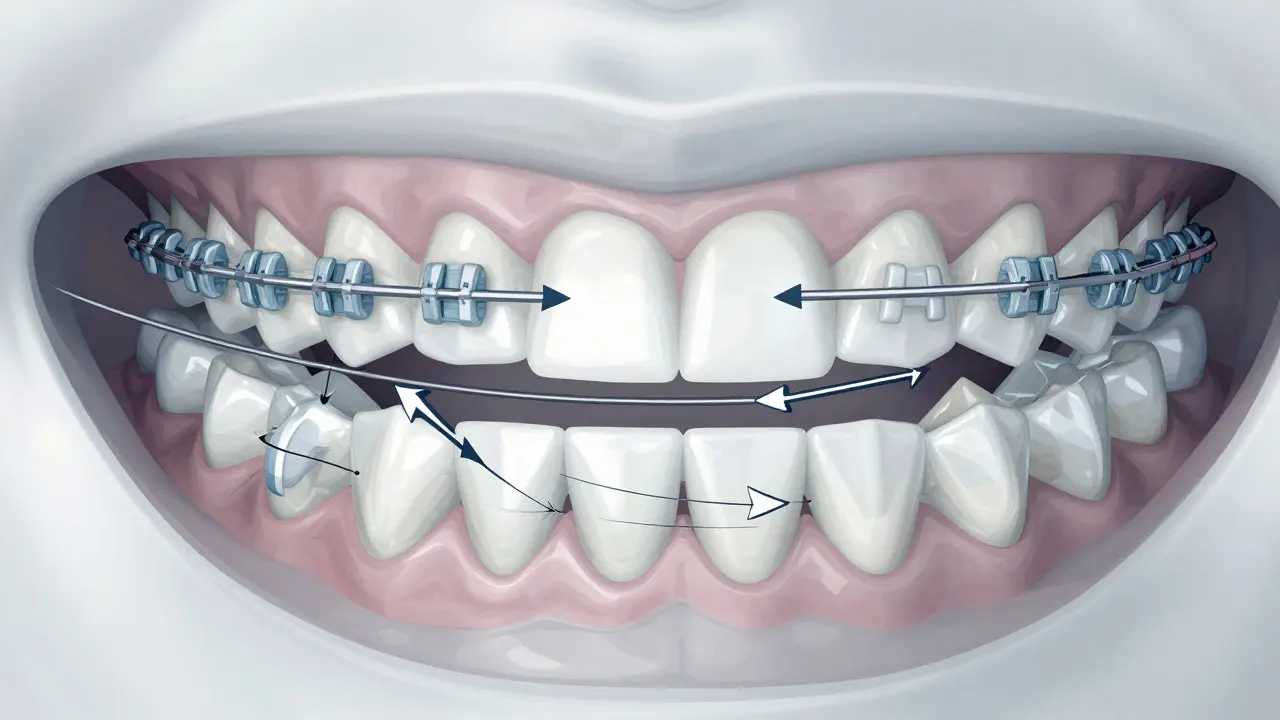 Křížový řez čelistí s ukázkou posunu zubů kvůli poškozenému rovnátku a zlomenému drátku.