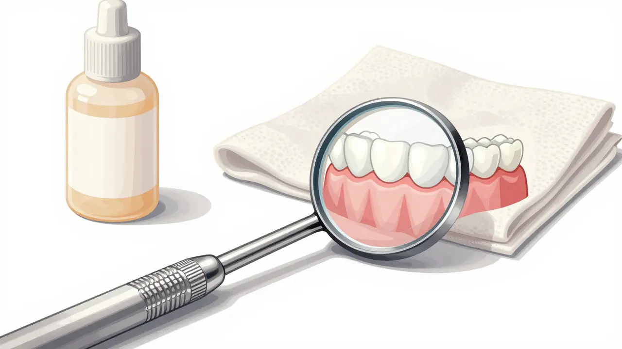 Kvalitní dentální zrcátko s krytem a nehradící ocelovou rukojetí na bílém pozadí.