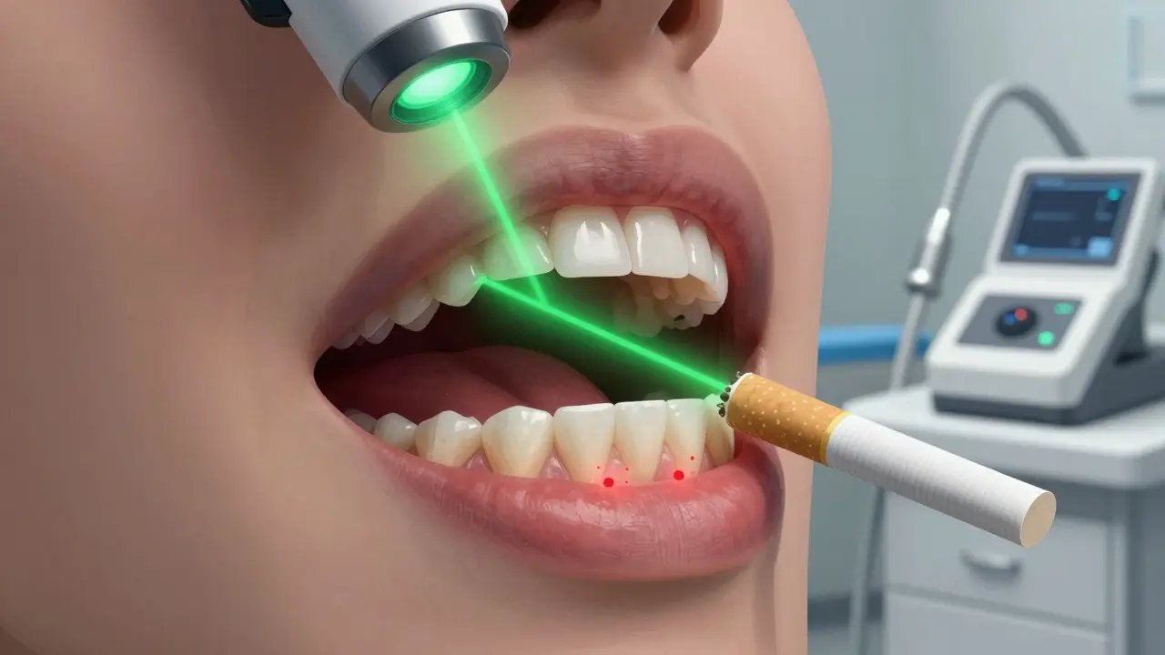 Laserový přístroj DIAGNOdent detekuje neviditelné kazy na zubech jako svítící červené body.