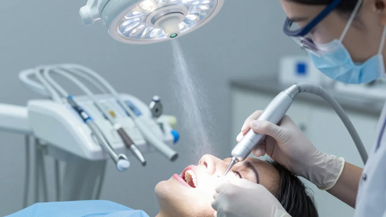 Lékař provádí ultrazvukové čištění zubů pacientovi