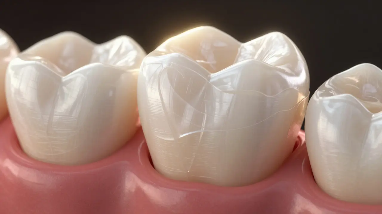 Magnified view of a tooth with minimal enamel removal and a thin, seamless composite layer bonded to it.