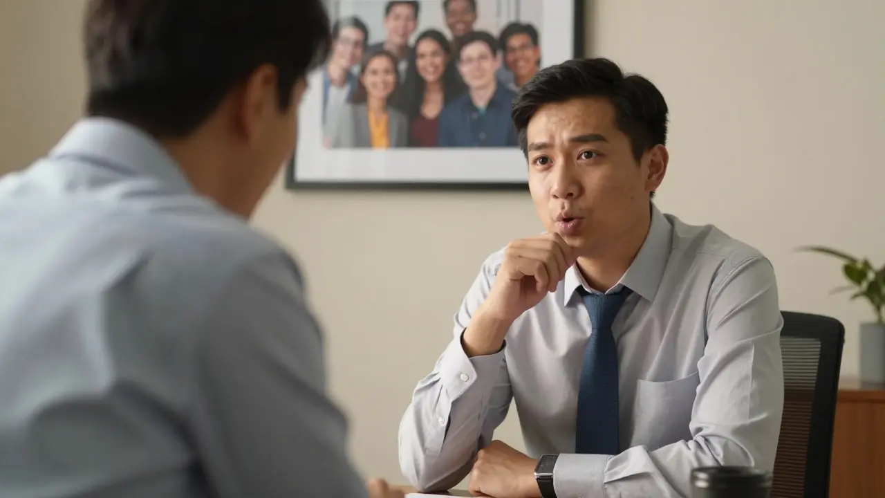 Muž během rozhovoru zakrývá ústa rukou, vyhýbá se pohledu do očí.