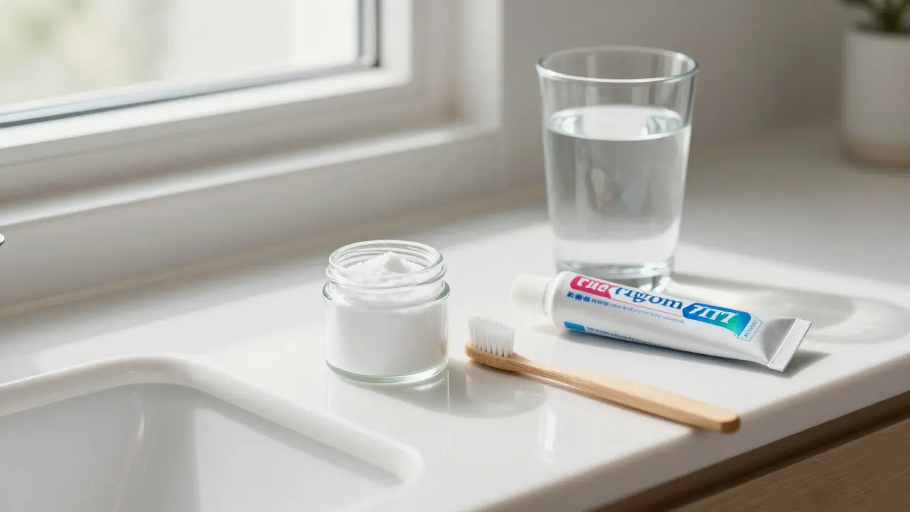 Na raně stojí jedlá soda, měkký kartáček a pasta s fluoridem — opatrná péče o zuby v přírodním světle.