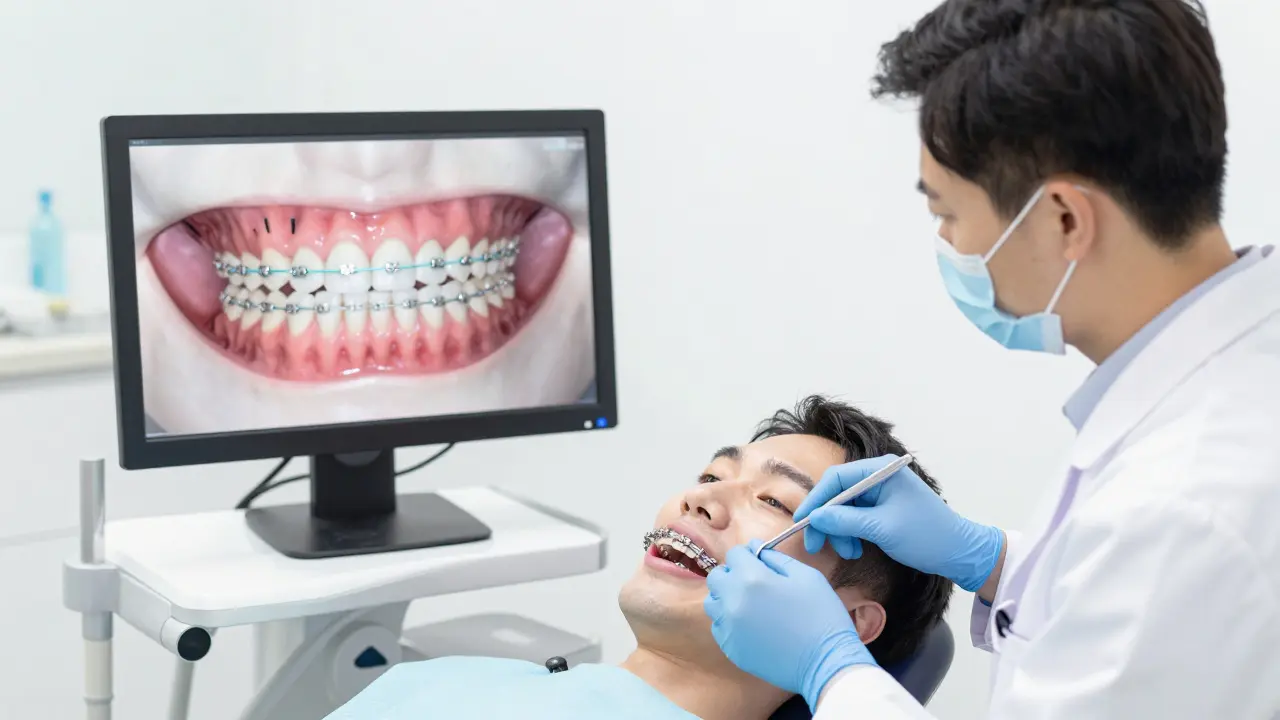 Ortodont upravuje fixní rovnátka pacientovi v klinice, na obrazovce je 3D sken čelisti a viditelné minišrouby.