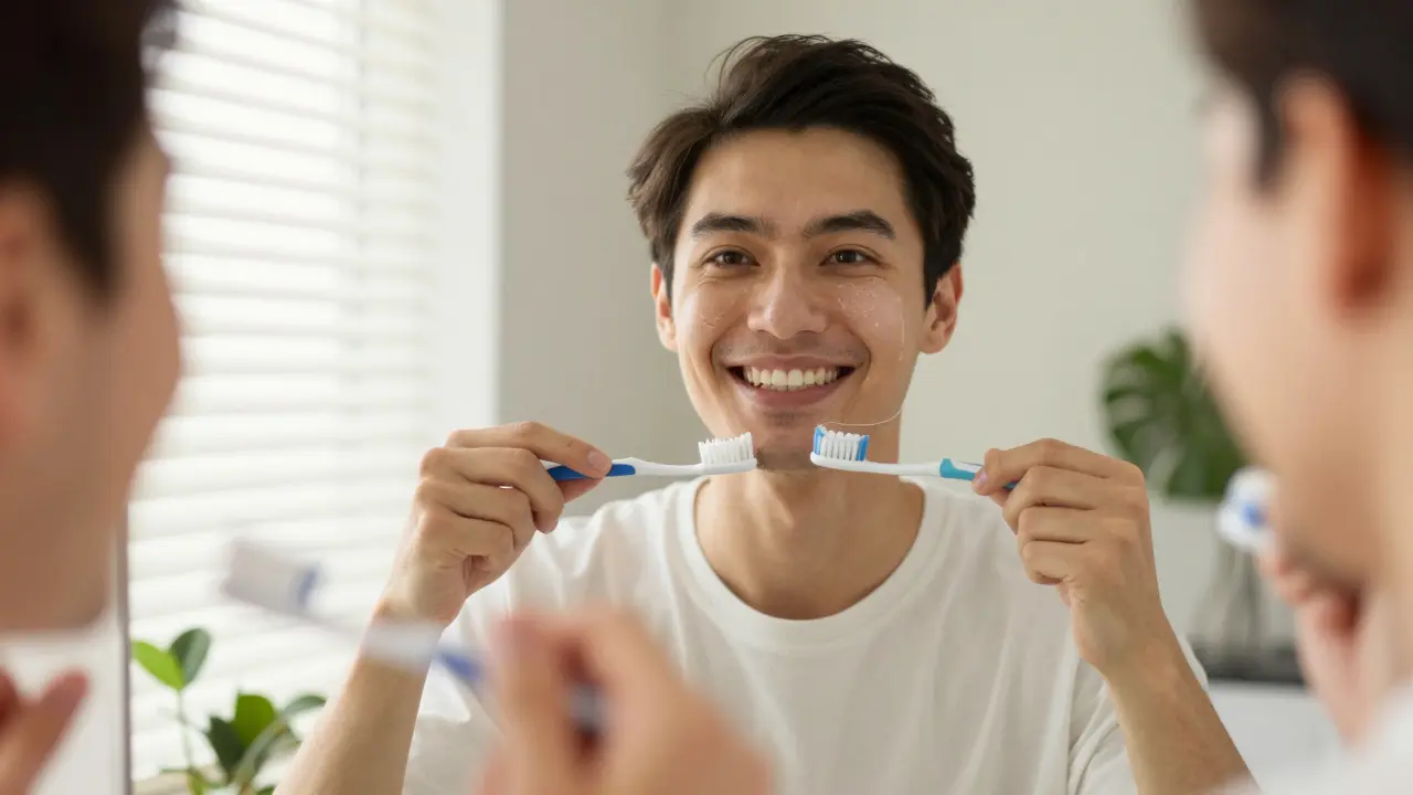 Osoba se svěží, zdravou úsměvem, symbolizující prevenci zubních problémů.