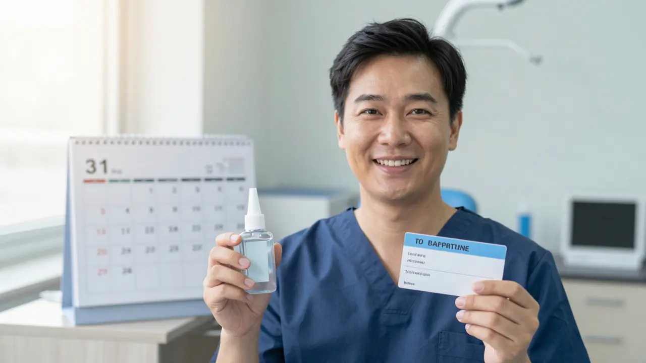 Pacient po kyretáži drží ústní vodu a má na výběr termíny následných kontrol