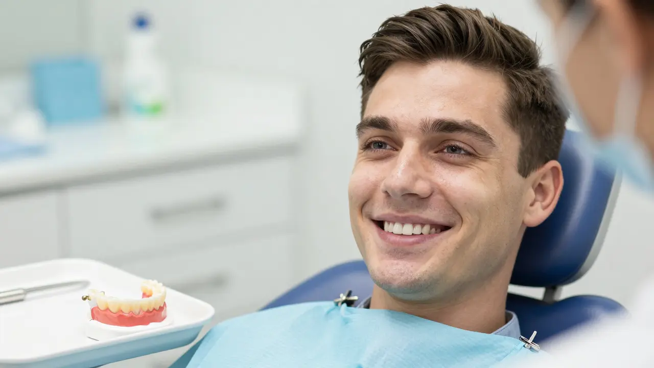 Patient smiling with a natural-looking ceramic crown, temporary crown on tray nearby.