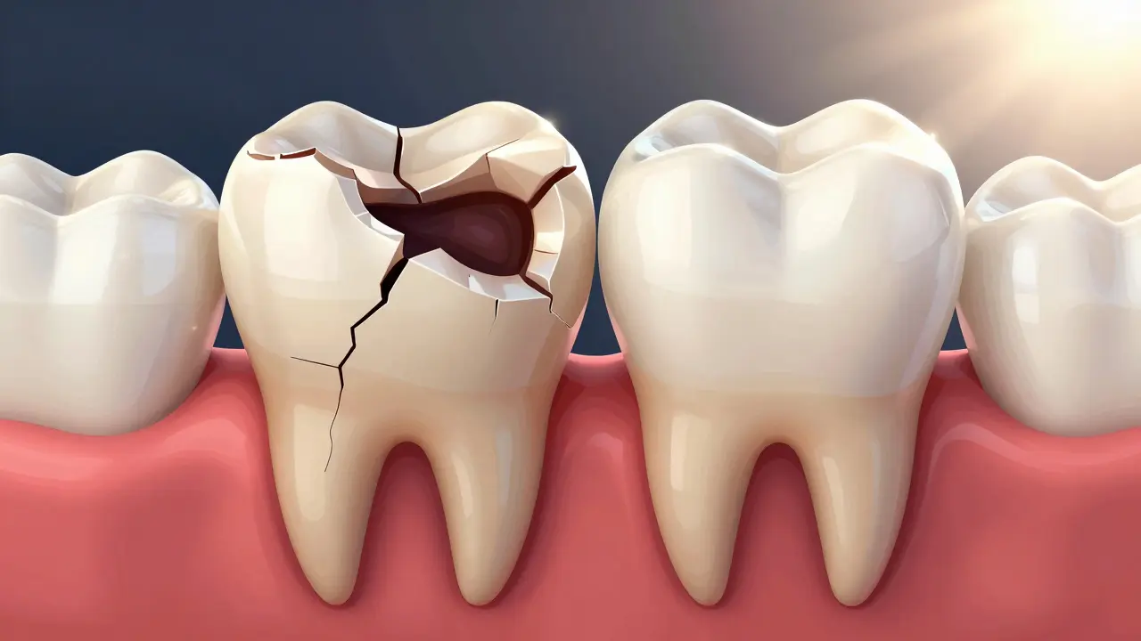 Porovnání poškozeného a obnoveného zubu v jedné ilustraci.