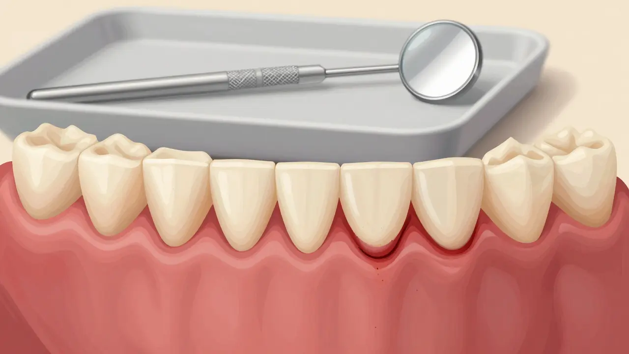 Porovnání zdravých a zánětlivě poškozených dásní s viditelným zubním kamenem