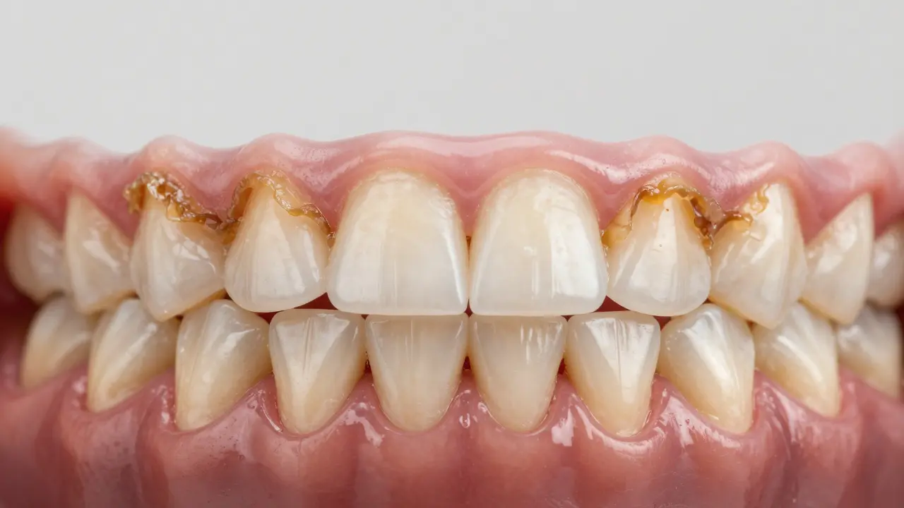 Porovnání zubů s kamenem a bez něj – jasný rozdíl v čistotě a barvě.