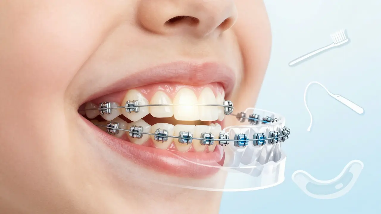 Průřez úst s keramickými a kovovými rovnátky, s nástroji pro péči o zuby.