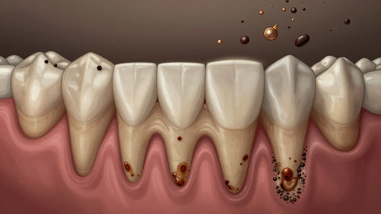 Průřez zubu s vnořenými barvivy z kávy a vína a zubním kamenem na dásni.