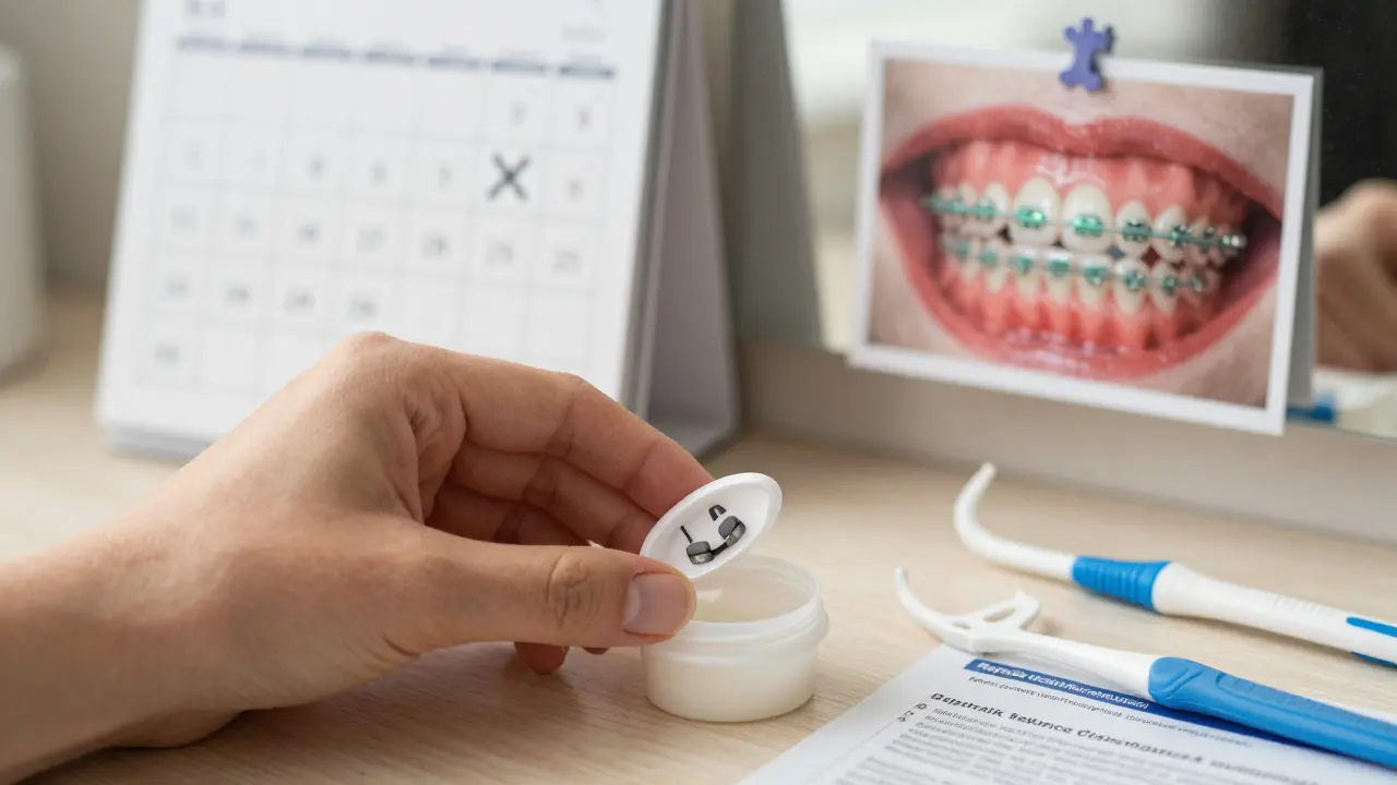 Ruka aplikuje ortodontický vosk na uvolněný prvek keramického rovnátka s fotkou a lékárnou v pozadí.