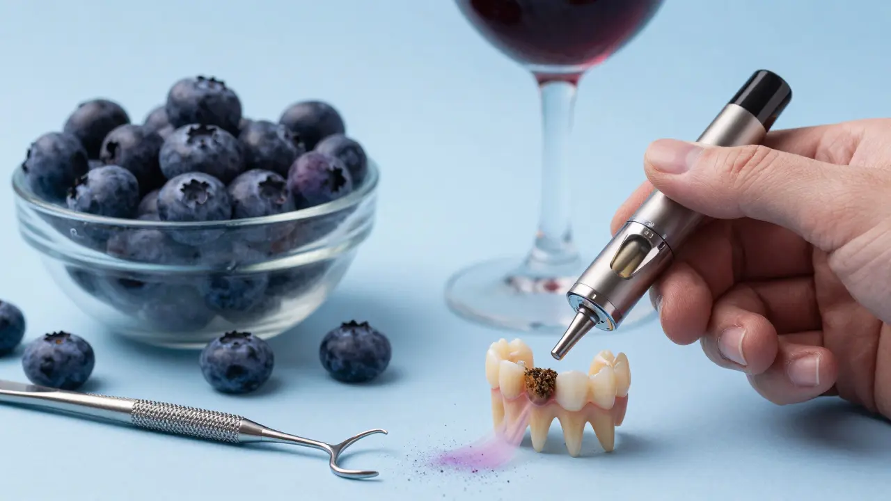 Ruka drží e-cigaretu vedle borůvek a červeného vína, barviva se blíží ke zubům.