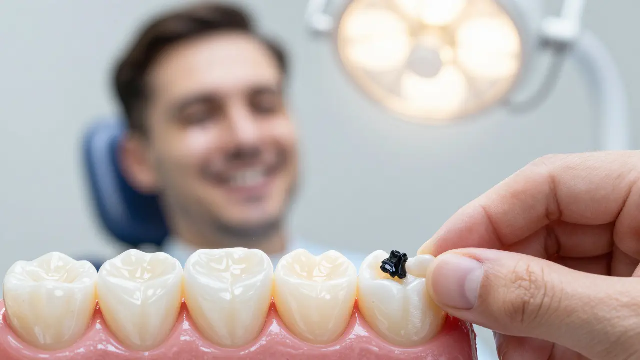 Ruka odstraňuje černý zubní kámen z zubu, za tím se v zrcadle objevuje šťastný úsměv.