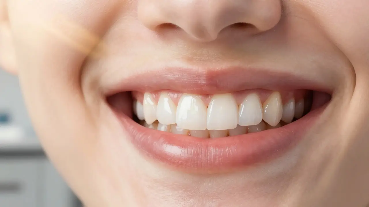 Side-by-side comparison of natural teeth and teeth restored with composite veneers in a natural smile.