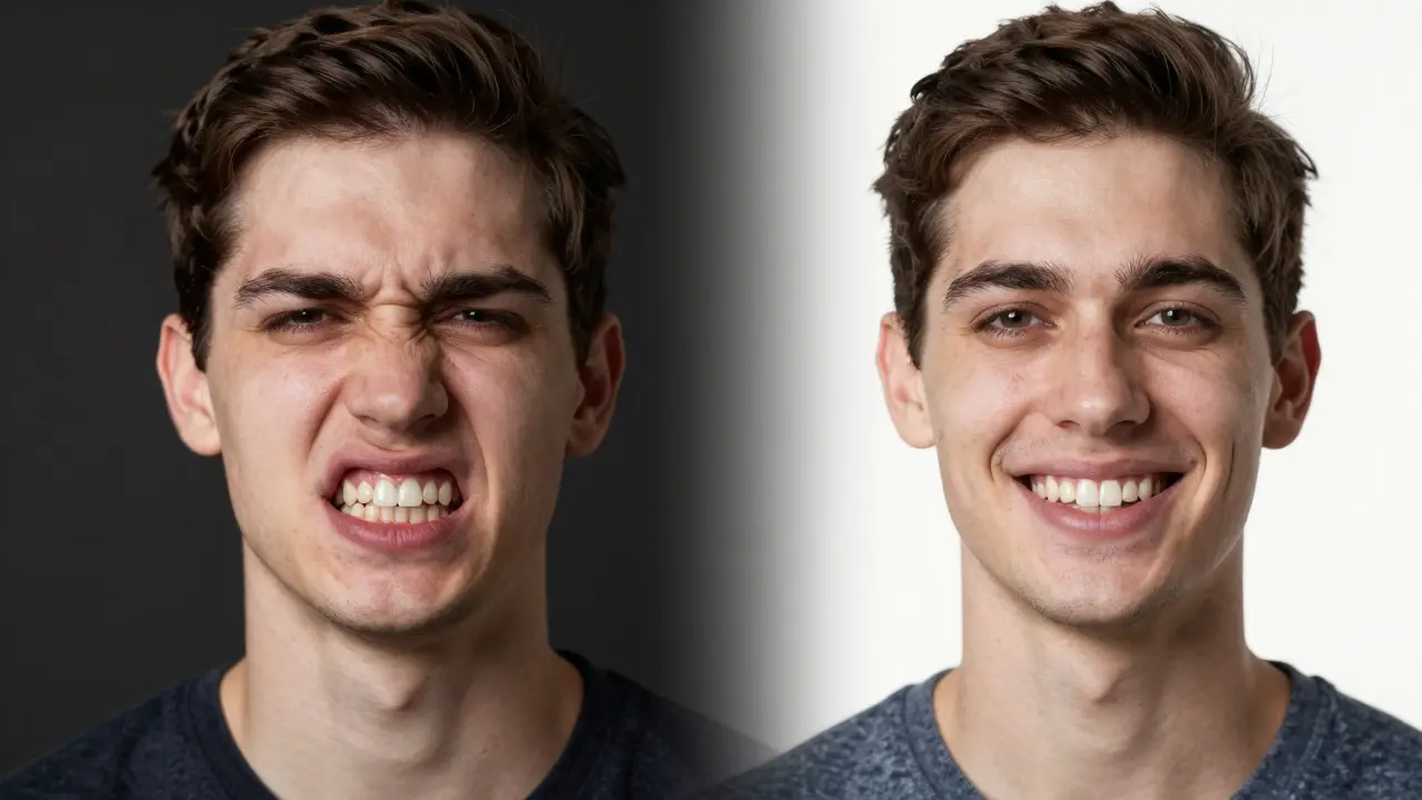 Srovnání před a po léčbě hlubokého skusu: jedna strana s bolestí a opotřebováním zubů, druhá s úsměvem a správným zarovnáním.