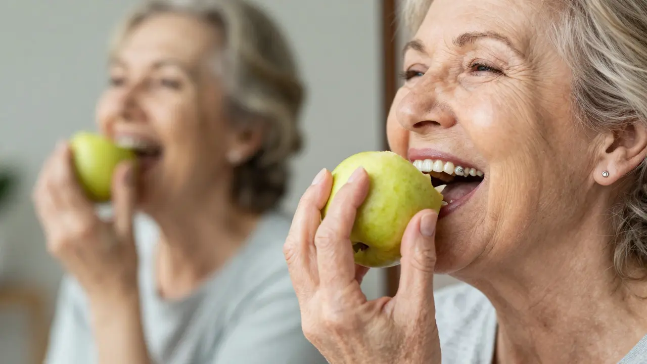 Starší žena se směje, když jí ovoce, symbolizující návrat k normálnímu životu.