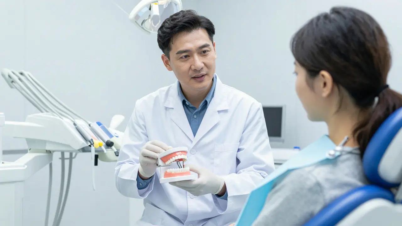 Stomatolog vysvětluje pacientovi možnosti implantace