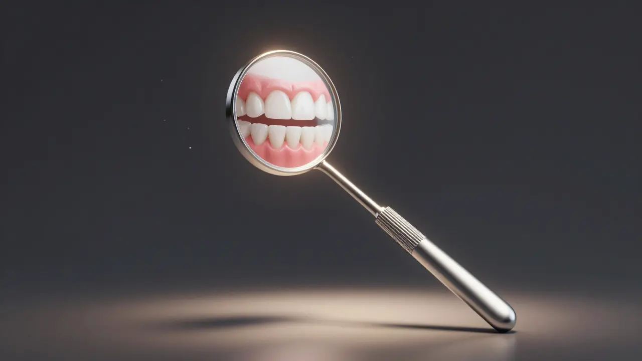 Symbolické zrcátko v zlatém světle odstraňující zubní kámen a znečištění.