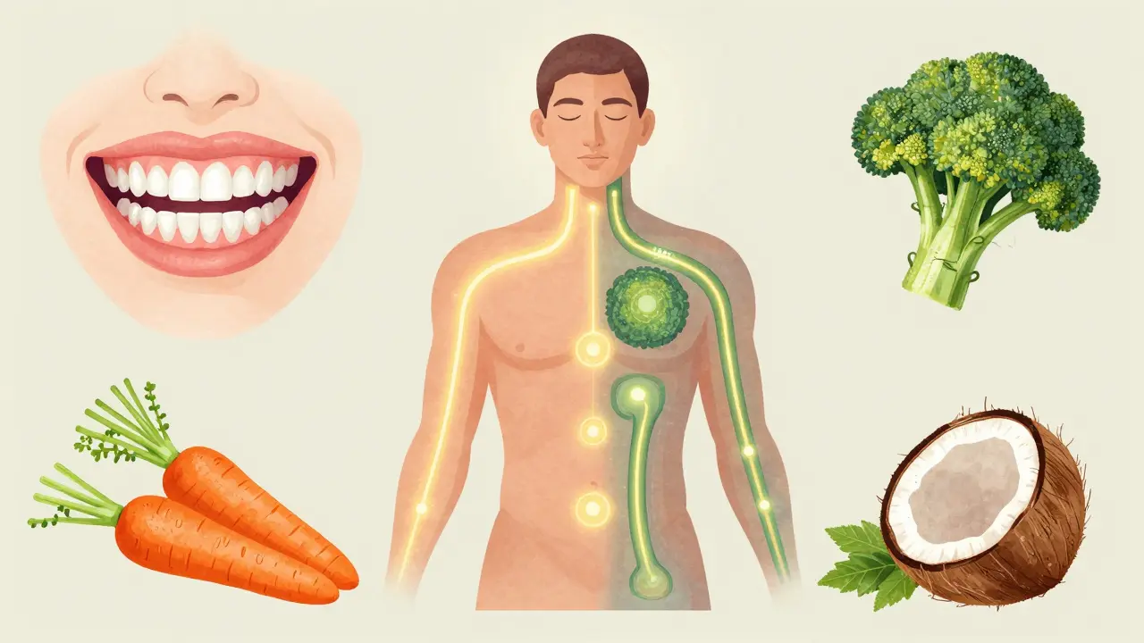 Symbolický obraz rovnováhy těla a ústního zdraví s přírodními prvky.