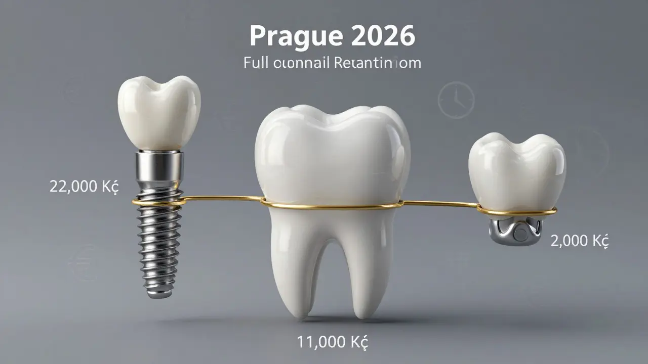 Visual breakdown of dental restoration costs in Prague: implant, crown, and 3D scan.