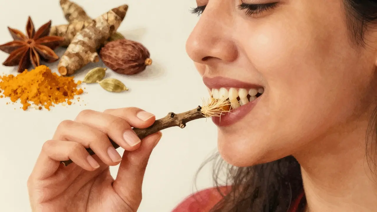 Žena čistí zuby větví neemu, s jemně roztříštěnými vlákny na konci.