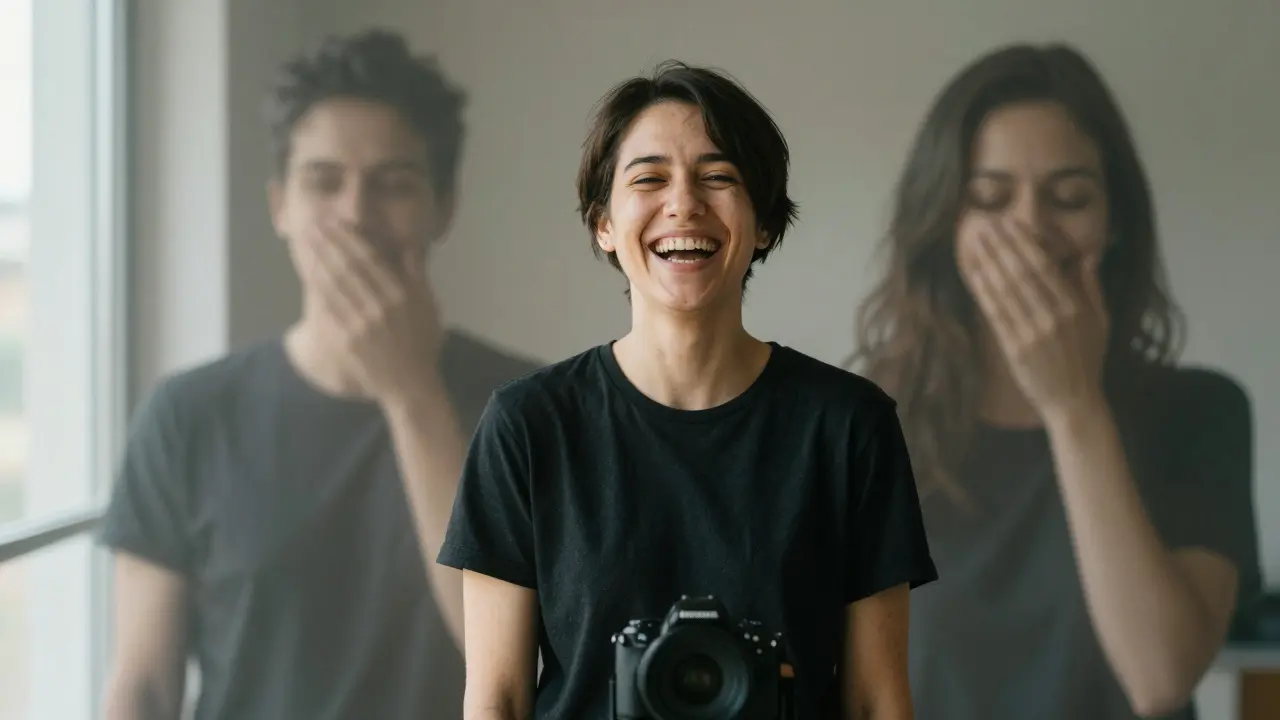 Žena směje se volně do kamery, ruce volně v bocích, bez jakéhokoli zakrývání.