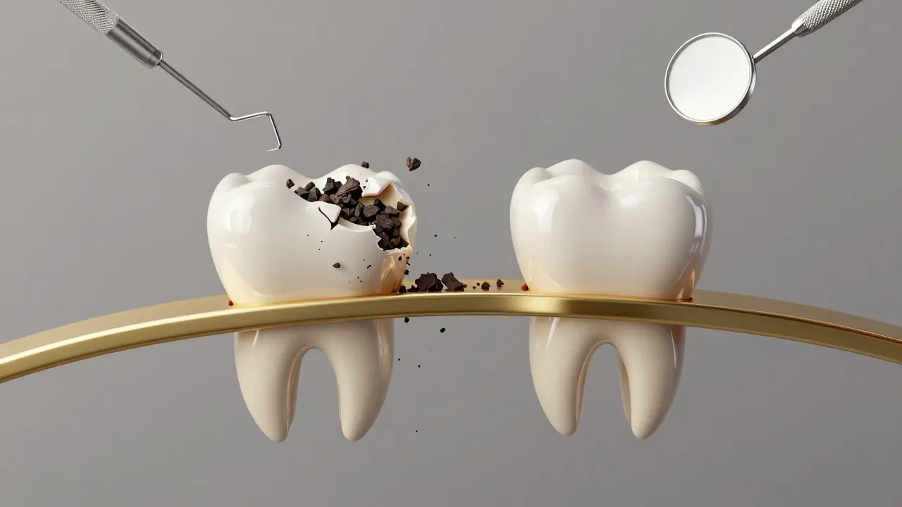 Zlatý most spojující zdravý a poškozený zub jako symbol rekonstrukce.