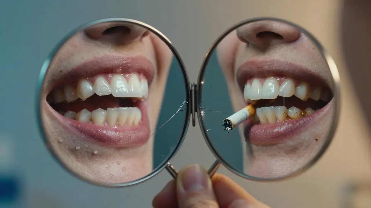Zrcadlo odhalující dvě cesty: zdravé zuby s vodou a žvýkačkou versus poškozené zuby s popelkem.