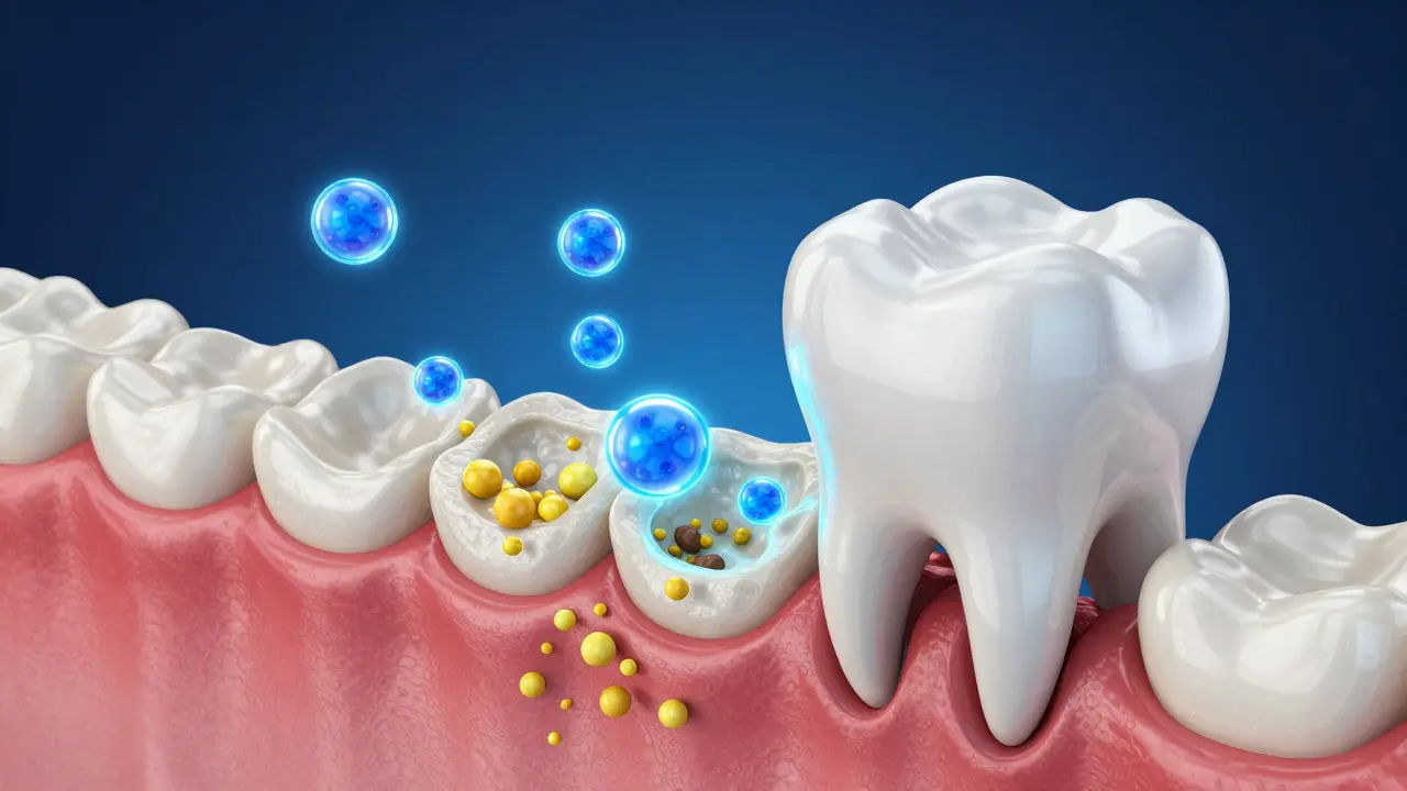 3D ilustrace peroxidu vodíku pronikajícího do zubní skloviny.