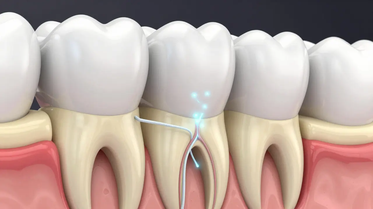 3D ilustrace průřezu zubu znázornující kanálky v dentinu a citlivost.