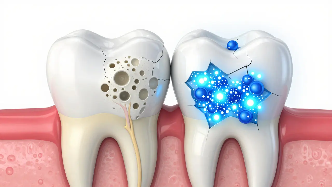 3D ilustrace zubu znázorňující proces remineralizace skloviny pomocí minerálních částic.