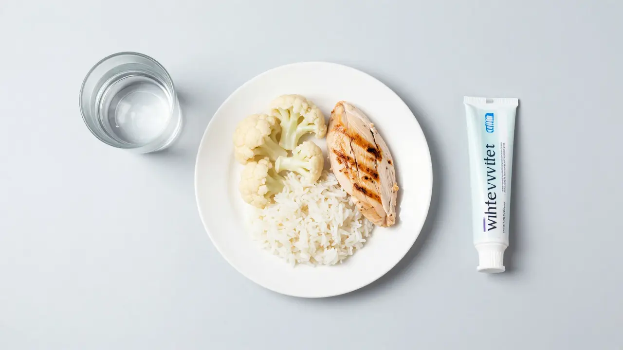 Bílá dieta s květákem, rýží a kuřecím masem na světlém podkladu.