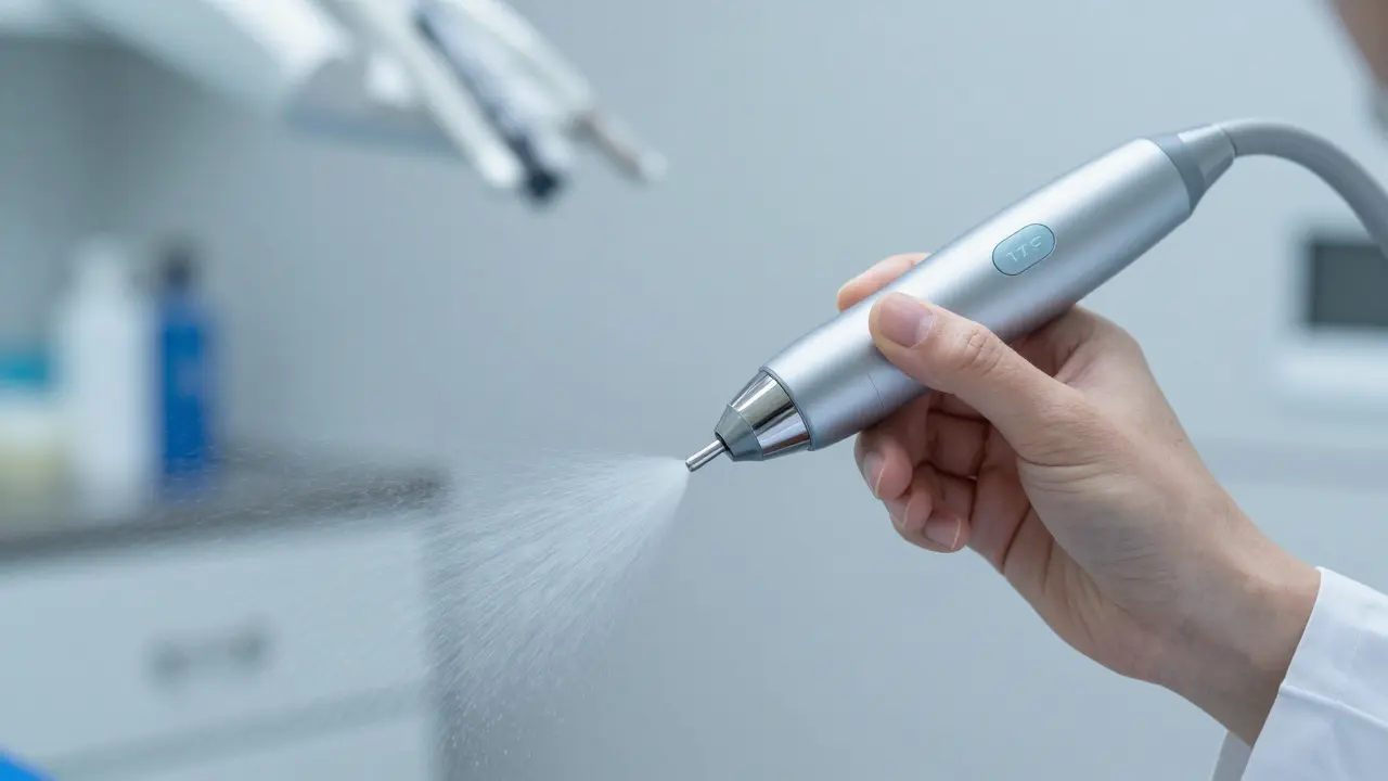 Dentální hygienista používá pískovací přístroj k čištění zubů.