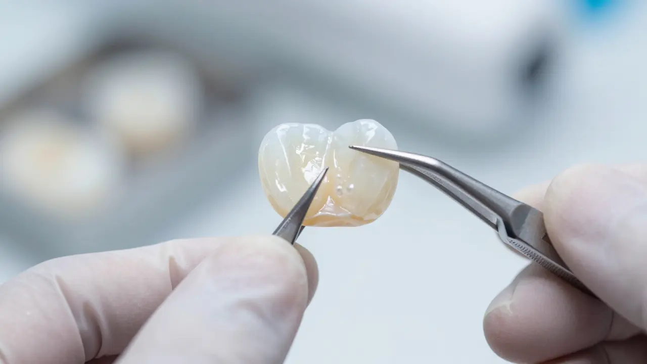 Detail keramické zubní fazety s přirozeným vzhledem v zubní laboratoři.