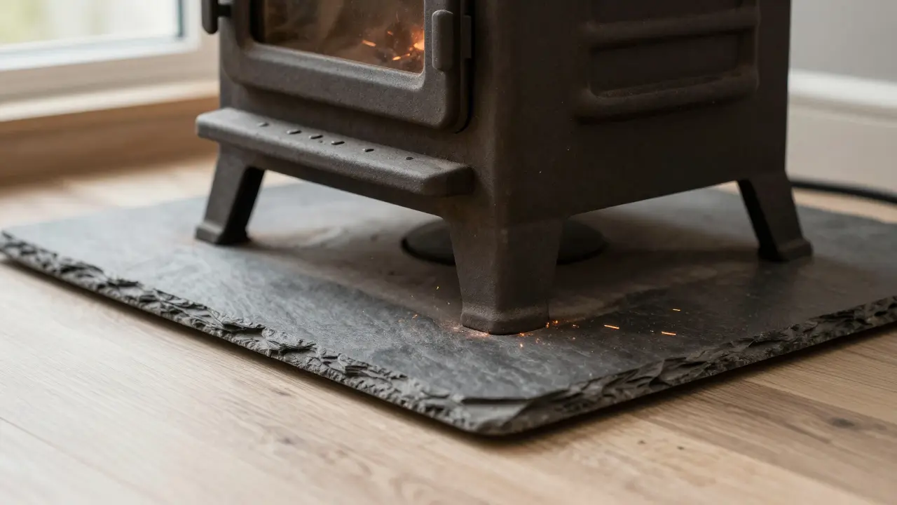 Detail krbových kamen stojících na ochranné kamenné desce na laminátové podlaze.