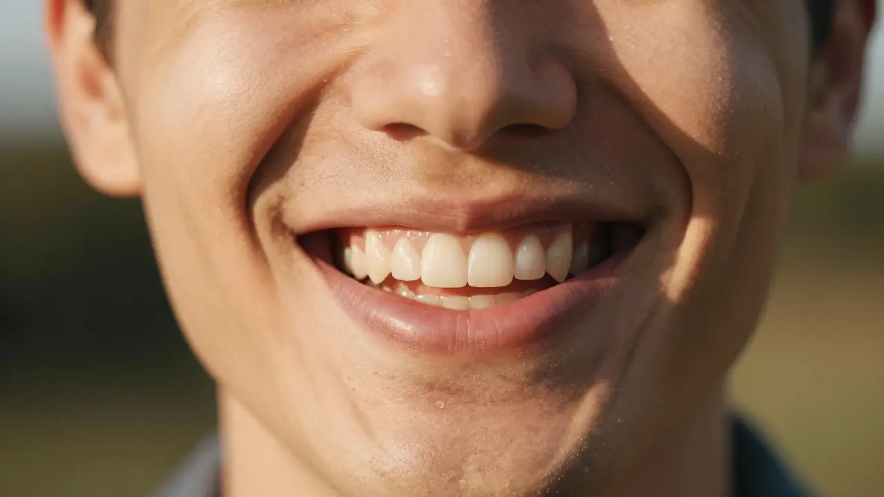 Detail radostného úsměvu osoby s přirozeně vypadajícími zuby v teplém světle.