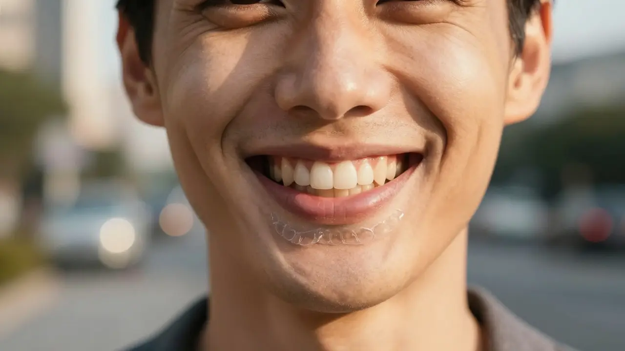 Detail úsměv dospělé osoby s rovnými zuby a diskrétním průhledným alignerem.