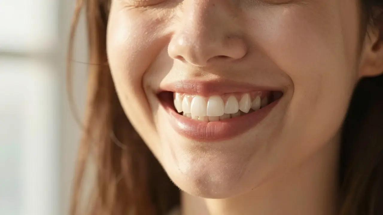 Detail úsměvu s přirozeně bílými porcelánovými vinyry v teplém světle.