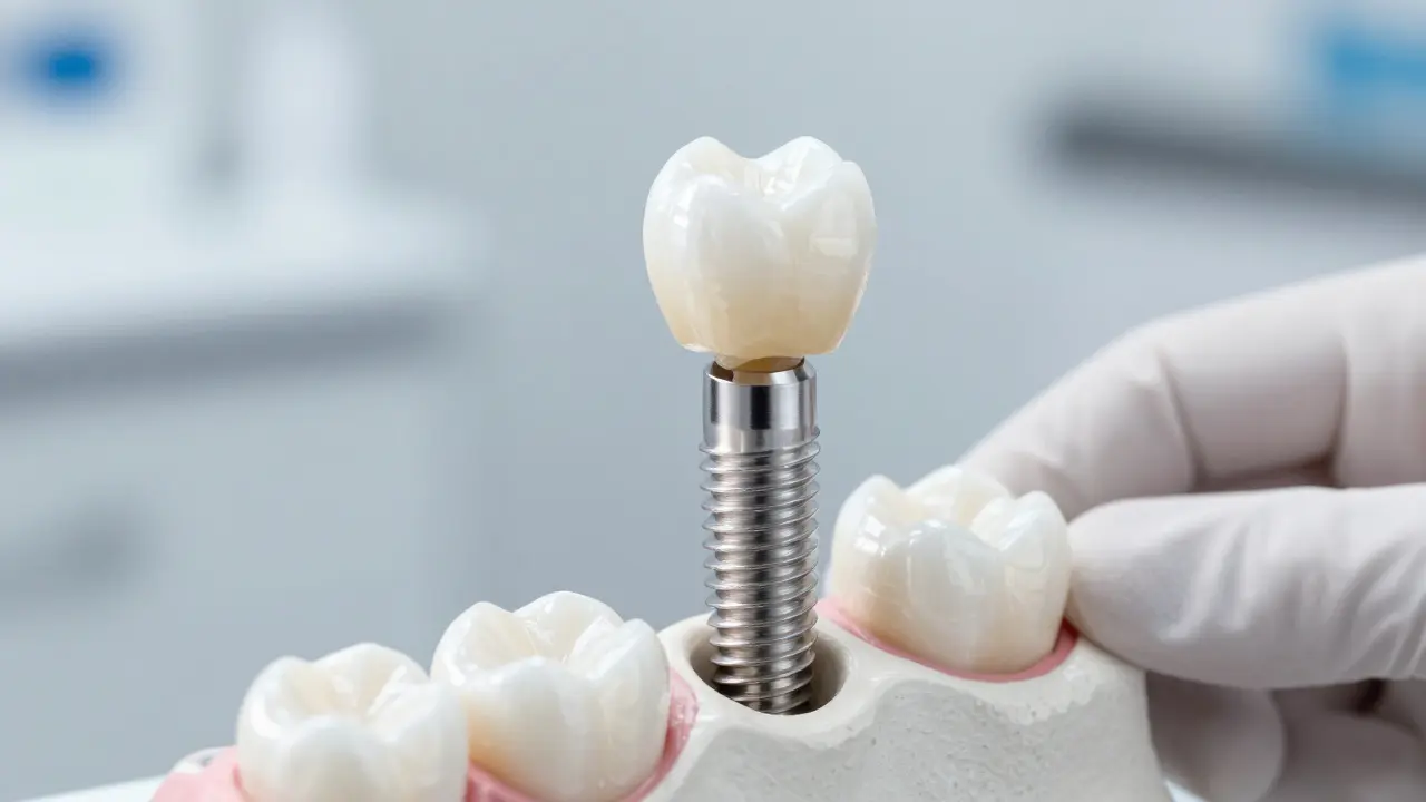 Detailní pohled na zubní implantát s titanovým šroubem a porcelánovou korunkou.