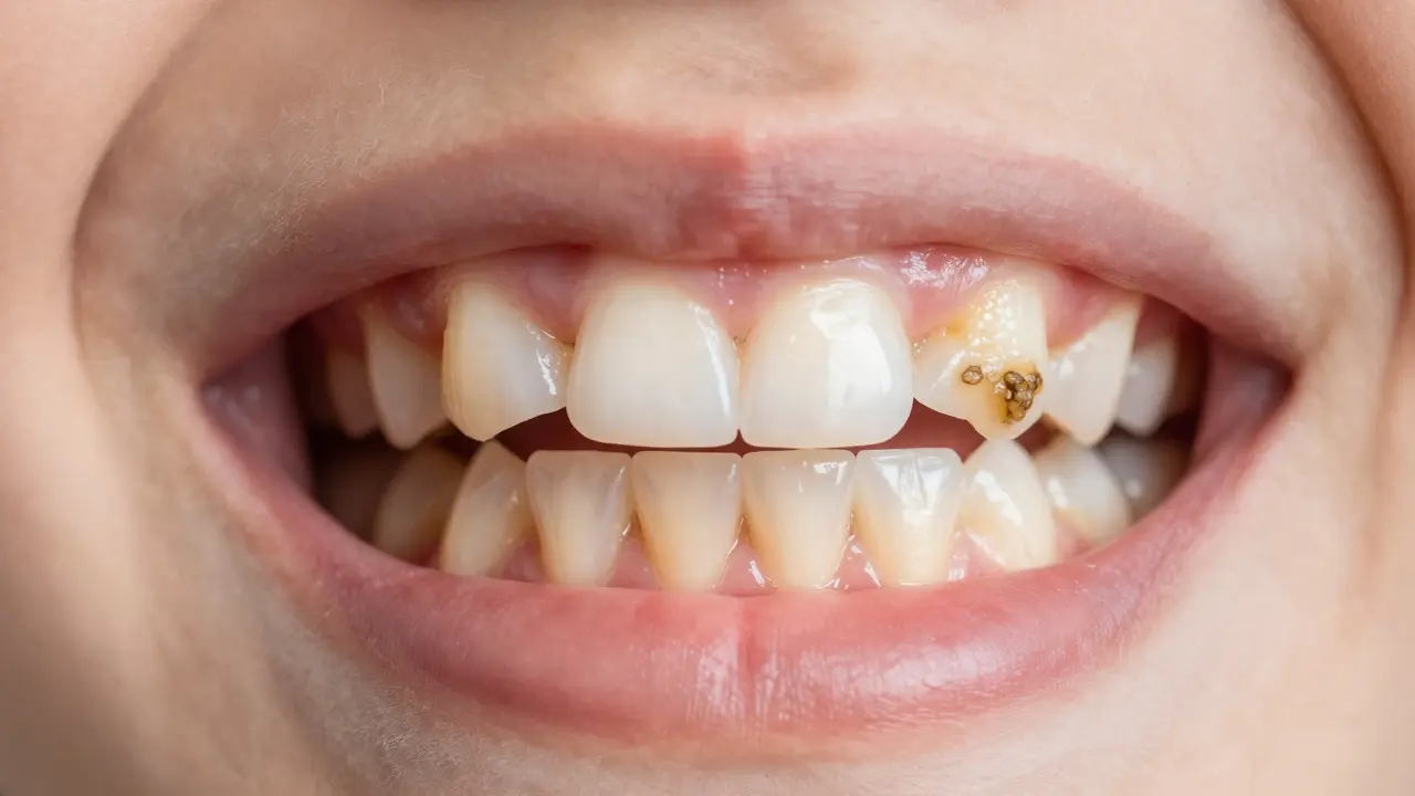 Detailní pohled na zubní kámen a plak u dolních řezáků dítěte.