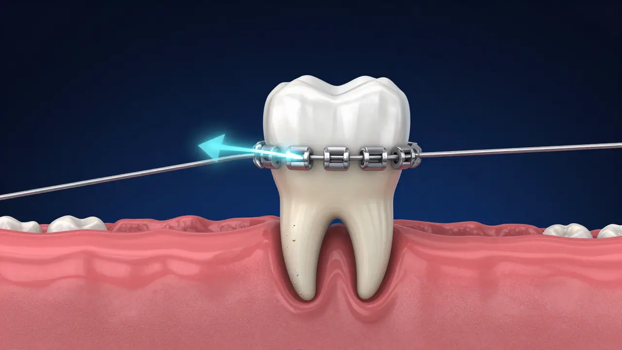 Konceptuální 3D vizualizace pohybu zubu pomocí ortodontického tlaku.
