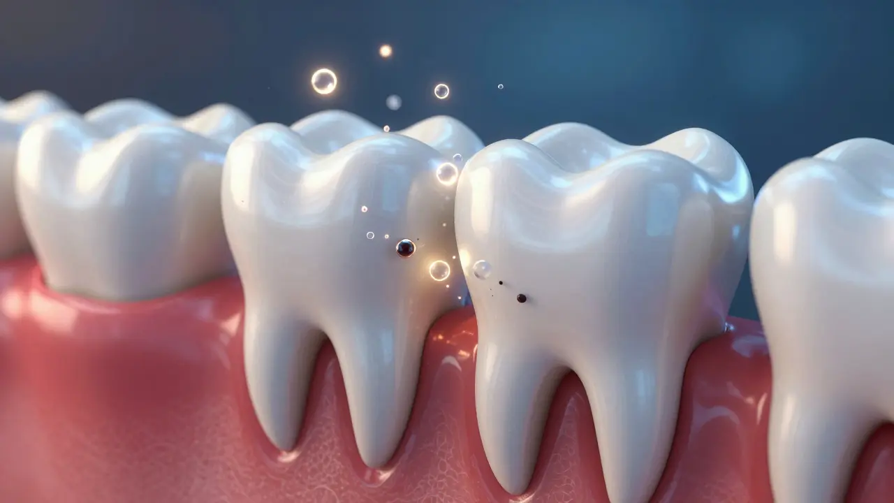 Konceptuální 3D zobrazení peroxidu pronikajícího do zubní skloviny.